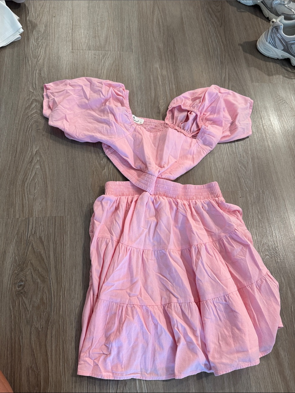 Girls Pink Two-Piece Puff Sleeve Dress Set